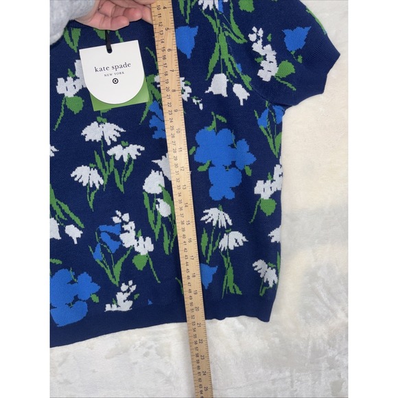 Kate Spade Floral Print Short Sleeve Crewneck Sweater Top Sz L Blue Pull Over - Picture 7 of 11